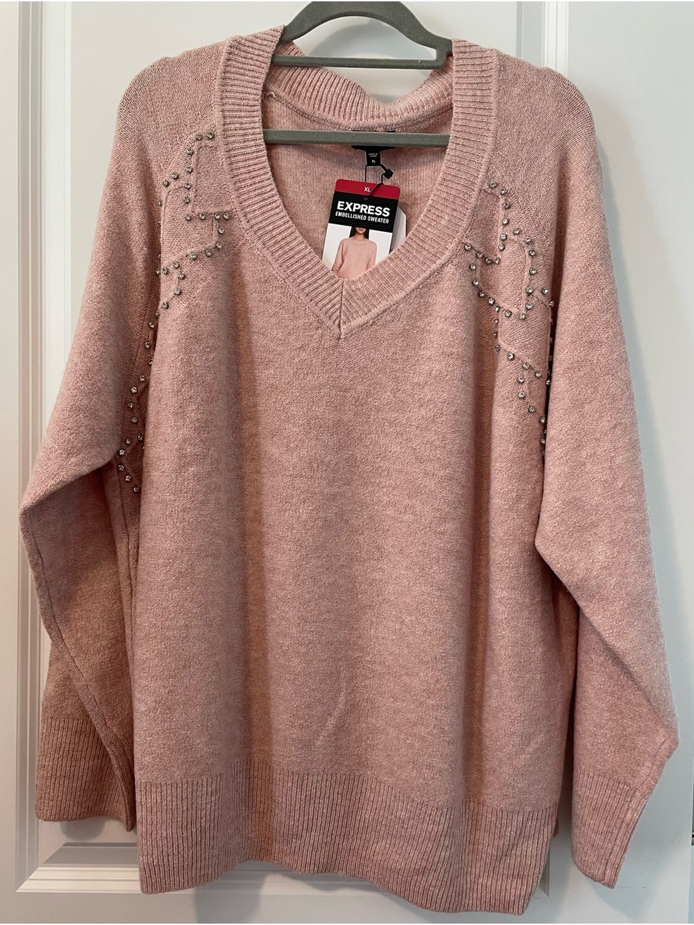 Express Pink V-Neck Sweater with Crystal Embellishment